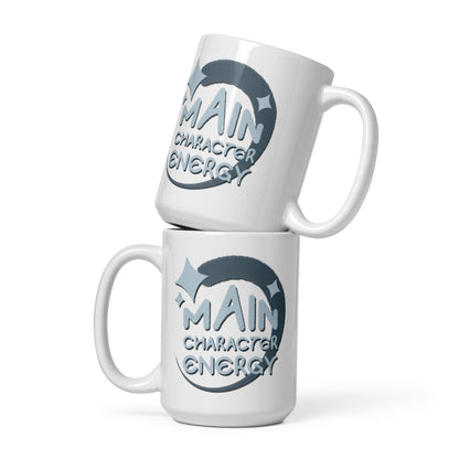 "Main Character Energy" (grey) - White glossy mug (15oz & 20oz)